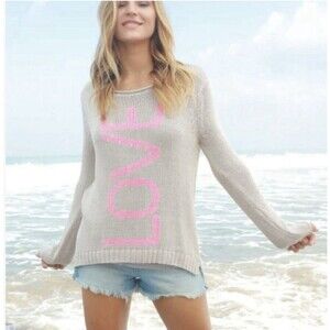 Wooden Ships Love Crew Neck Sweater Women's Size S/M Beige & Pink